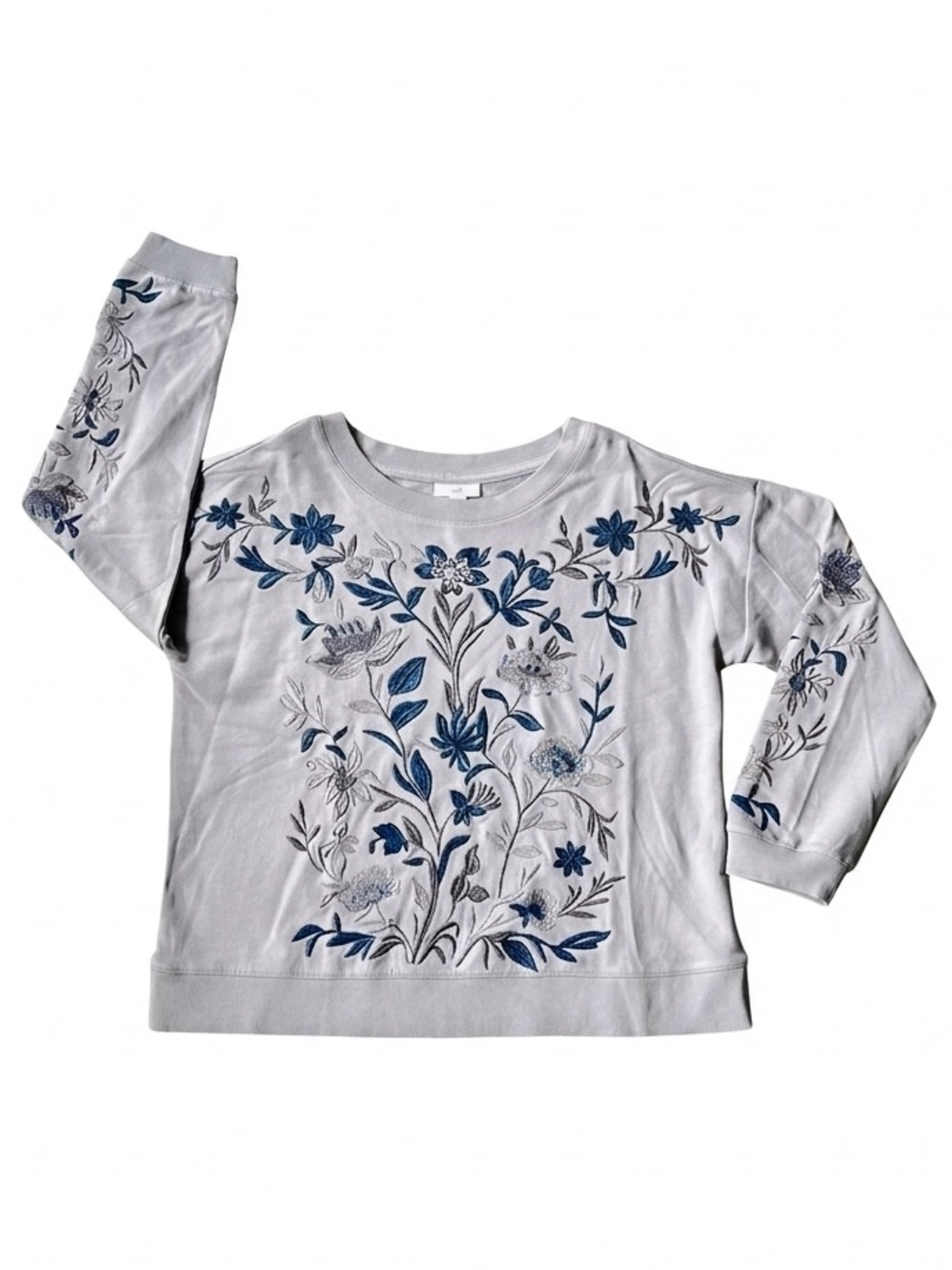 J Jill Cotton Floral Embroidered Sweatshirt Sweater Top Gray Blue Small Petite